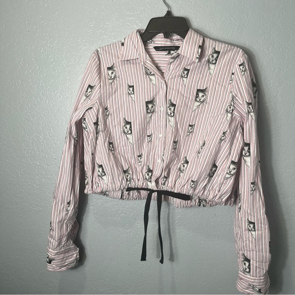 Zara White and Gray Crop Tie Front Blouse - Picture 2 of 6